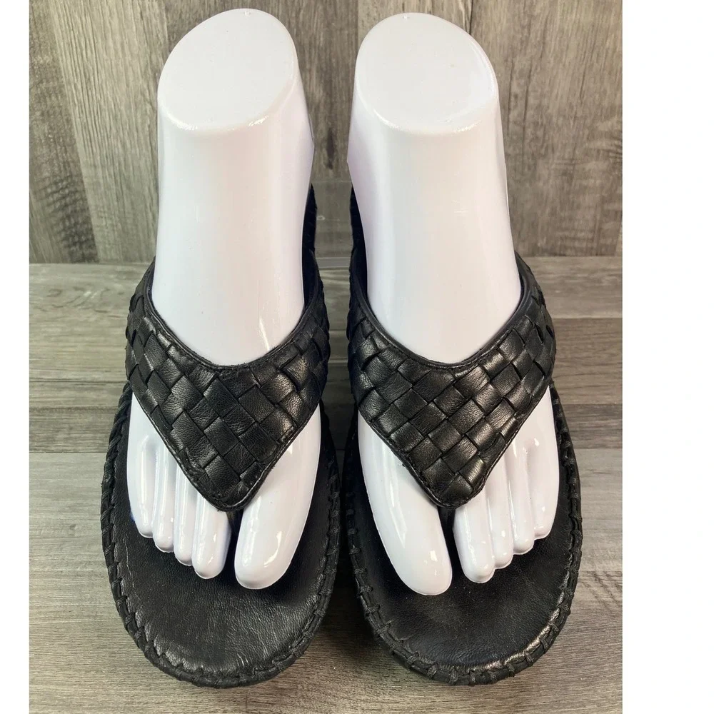 Robert Zur Black Woven Leather Thong Wedge Sandals Womens 6 M 2315